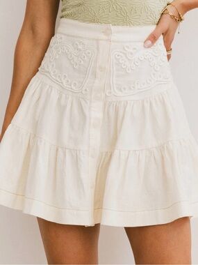 Free People Cream Tiered Button-Front Midi Skirt with Embroidered Panels